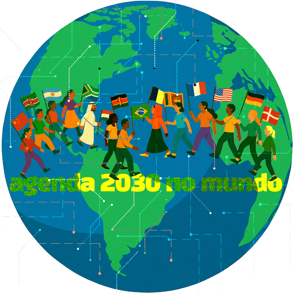 Agenda 2030 no mundo representada por países adotando políticas sustentáveis em diferentes contextos globais.