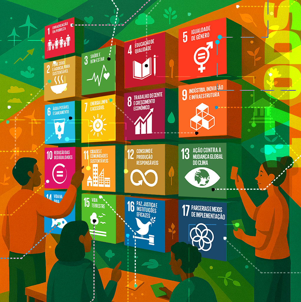Ilustração com os 17 ODS em ícones coloridos, representando os Objetivos do Desenvolvimento Sustentável definidos pela Agenda 2030 da ONU.