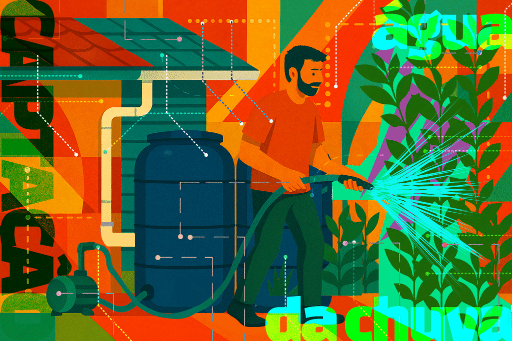Ilustração de sistema de captação de água da chuva sendo usado para irrigação doméstica, representando sustentabilidade e economia de recursos