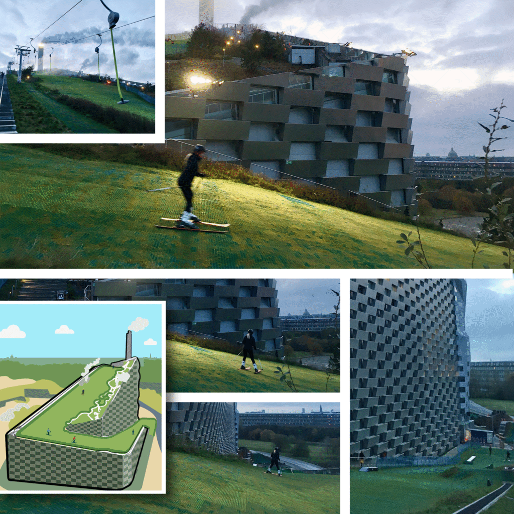 CopenHill em Copenhague ao entardecer: usina de energia limpa a partir de resíduos, símbolo da geração de créditos de carbono.