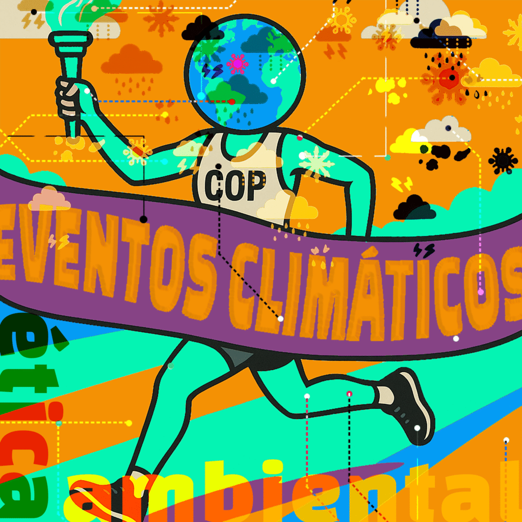 Ilustração de um corredor com cabeça de planeta Terra cruzando faixa com a frase Evento Climático, representando a COP