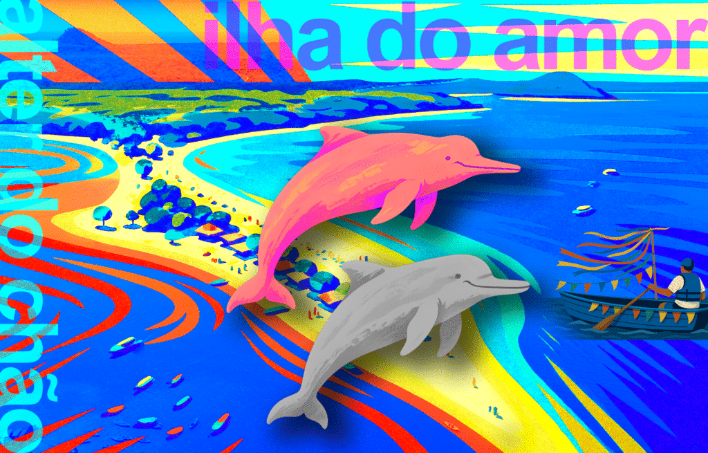 Ilustração colorida do turismo sustentável em Alter do Chão, com botos cor-de-rosa saltando sobre a Ilha do Amor e barco do Sairé com fitas coloridas.