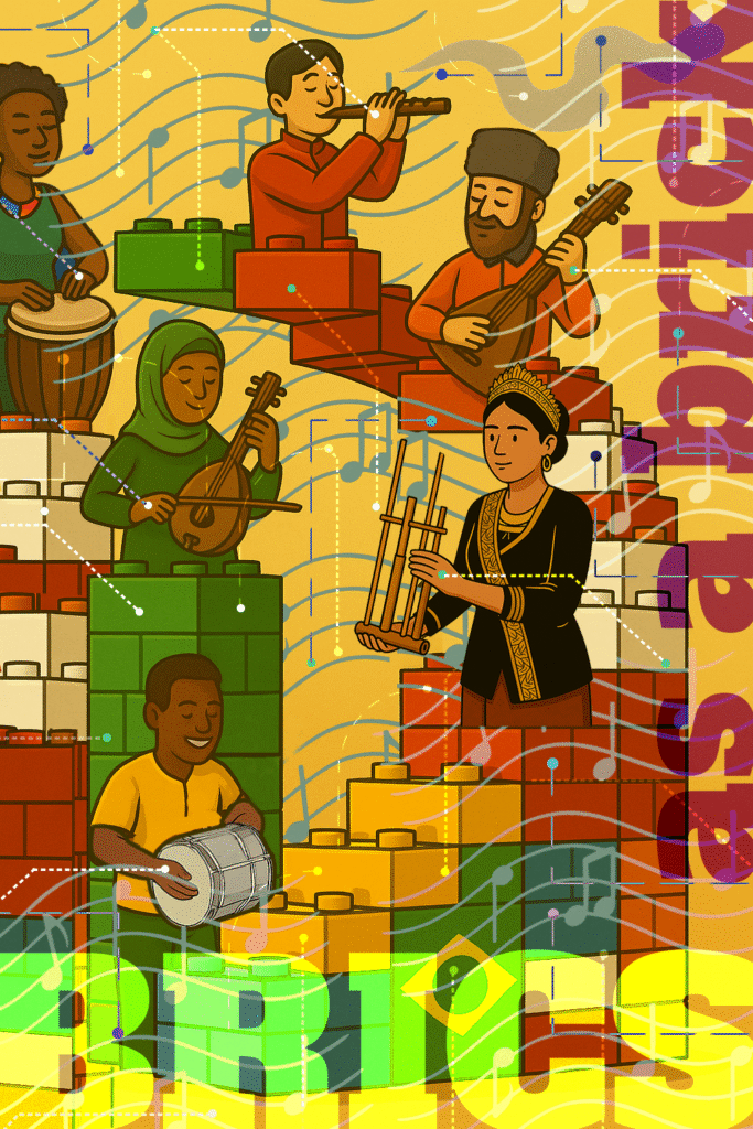 Músicos de diferentes culturas tocam instrumentos tradicionais sentados sobre blocos coloridos, representando os BRICS como uma sinfonia global em construção.