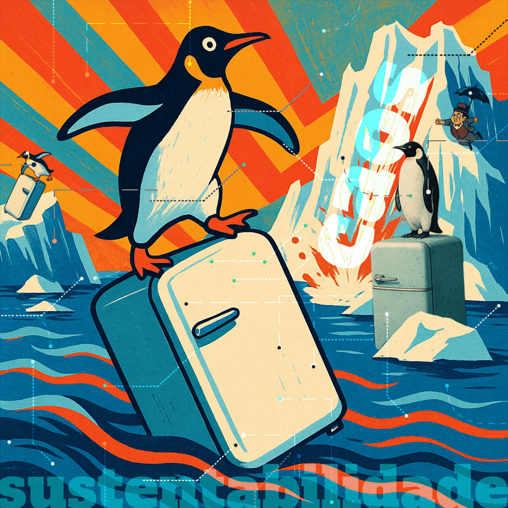 Ilustração sobre sustentabilidade com pinguins em geladeiras flutuantes no mar polar, retratando o colapso ambiental com humor e crítica visual.