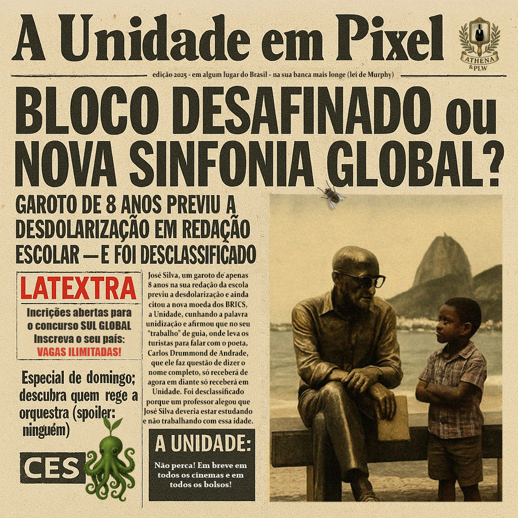 Paródia de jornal com título “Bloco desafinado ou nova sinfonia global?”, inspirada na capa do álbum Thick as a Brick e ambientada no Rio de Janeiro, com Drummond e um menino negro conversando.