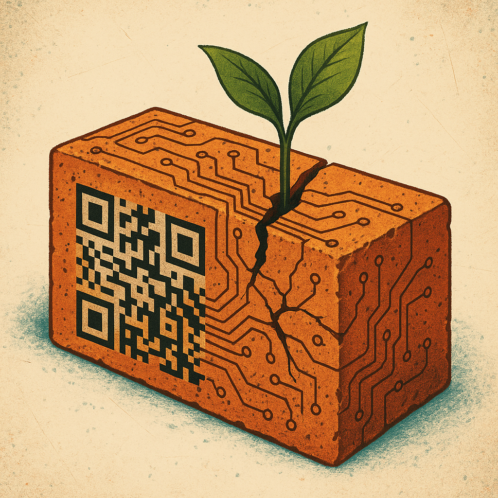 Tijolo rachado com circuito eletrônico e QR Code, de onde brota uma planta verde. A imagem simboliza o contraste entre tecnologia e natureza, sugerindo resiliência ecológica e futuro sustentável no contexto dos BRICS+.