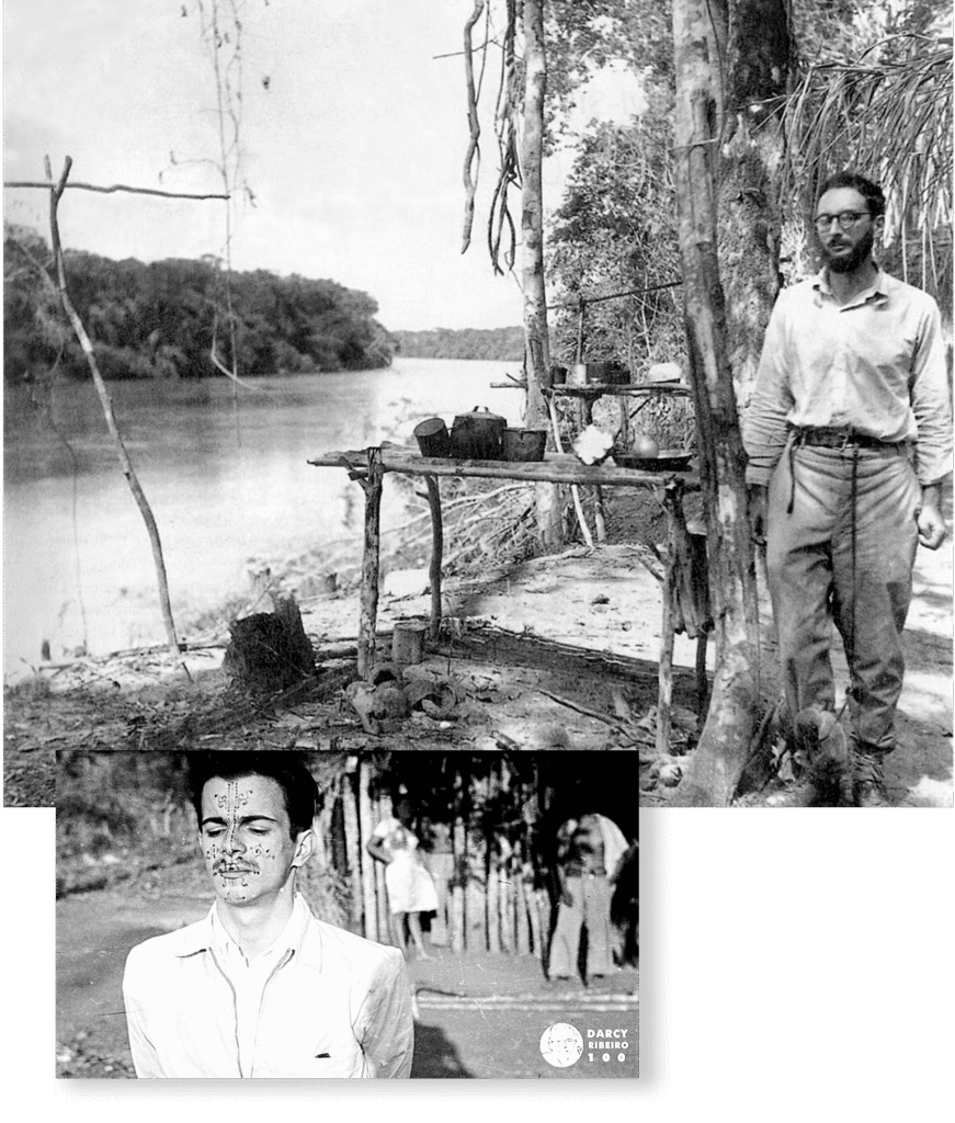Lévi-Strauss em trabalho de campo no Brasil e Darcy Ribeiro com pintura facial Kadiwéu, povos indígenas estudados por ambos.
