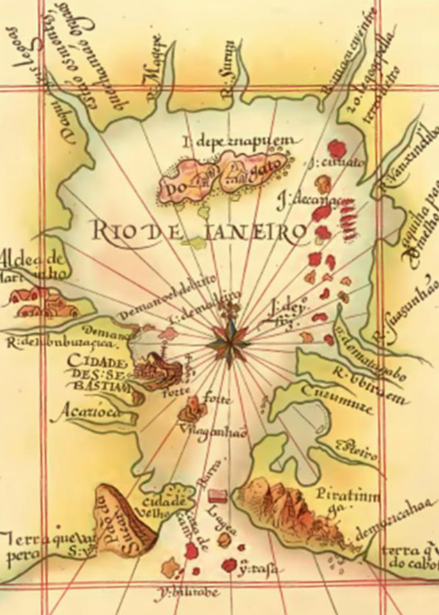 Mapa antigo da Baía de Guanabara com destaque para a Aldeia de Martinho (Arariboia), líder indígena temiminó, após a vitória sobre os franceses no Rio de Janeiro.