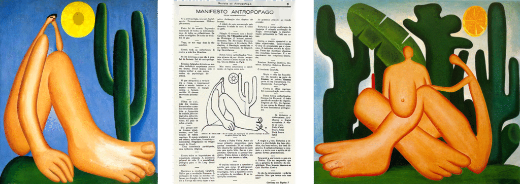 Montagem com as obras Abaporu (1928) e Antropofagia (1929), de Tarsila do Amaral, e ao centro a primeira publicação do Manifesto Antropofágico (1928) de Oswald de Andrade ilustrado por Tarsila, relacionando arte modernista e antropofagia cultural.