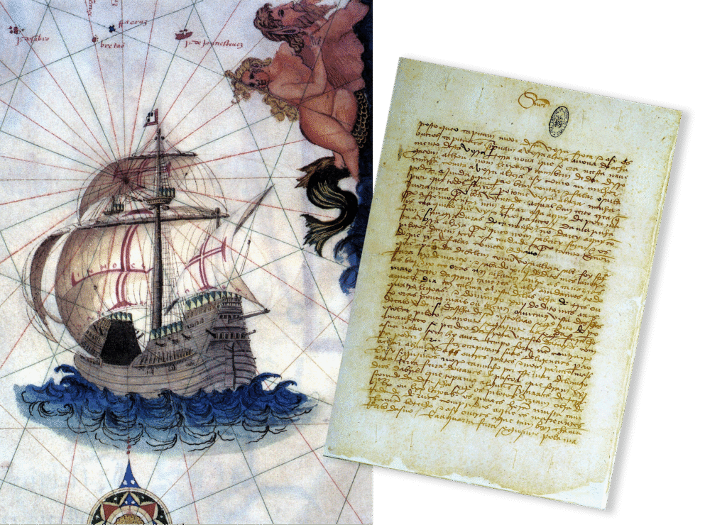 Caravela portuguesa com velas cruzadas ao lado da Carta de Pero Vaz de Caminha, marco histórico da chegada ao Brasil.