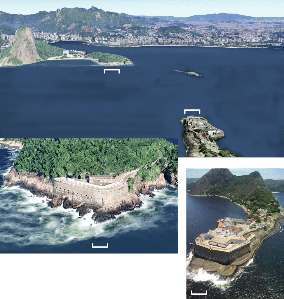 Panorama da Baía de Guanabara: colchetes do lado esquerdo destacam a Fortaleza de São João do lado do Morro Cara de Cão e a Fortaleza de Santa Cruz no lado de Niterói é indicada pelos colchetes do lado direito.