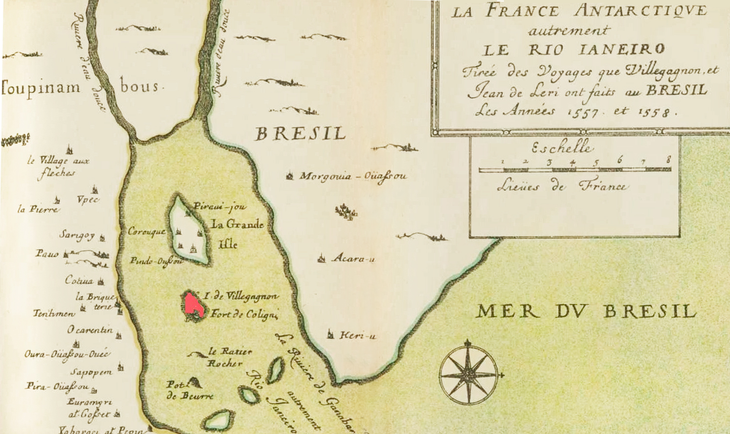 Mapa francês do século XVI mostrando a Ilha de Villegagnon, na Baía de Guanabara, período da França Antártica no Rio de Janeiro.