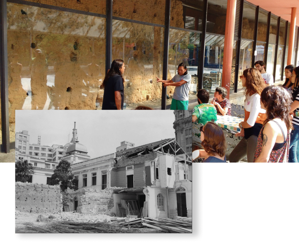 Montagem com registros históricos do Pateo do Collegio em São Paulo: foto atual do Instituto Bixiga e foto em p&b do Museu da Cidade de SP, destacando o muro de taipa de pilão
