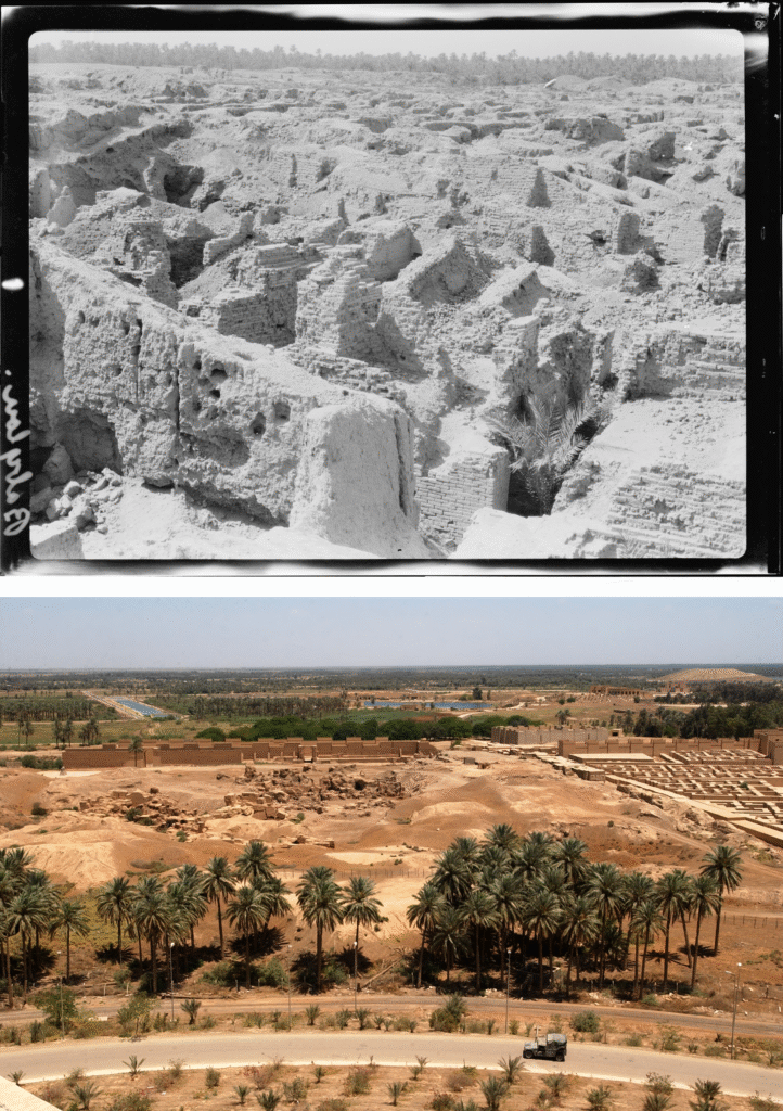 Ruínas da antiga Babilônia, no atual Iraque, comparando registros históricos de 1932 (acima) e foto contemporânea com palmeiras e canais de irrigação (abaixo)