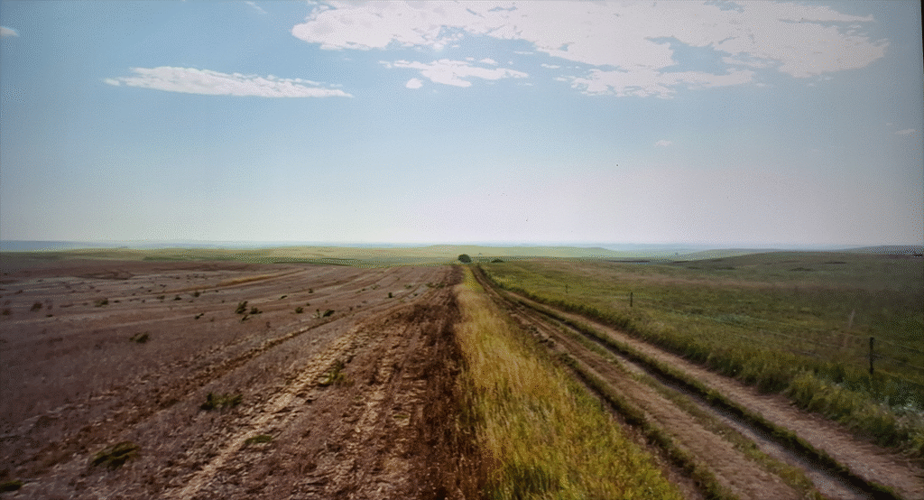 Comparação entre duas áreas agrícolas em Dakota do Norte: à esquerda, solo degradado e nu de uma fazenda vizinha; à direita, a fazenda regenerativa de Gabe Brown, com diversidade de cultivos, árvores e manejo de gado, conforme mostrado no documentário Solo Fértil (Kiss the Ground, 2020).