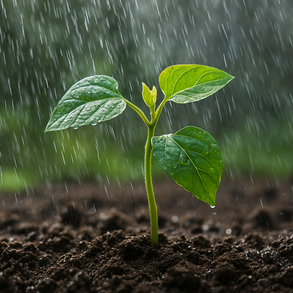 Regeneração do solo representada por muda verde recebendo chuva