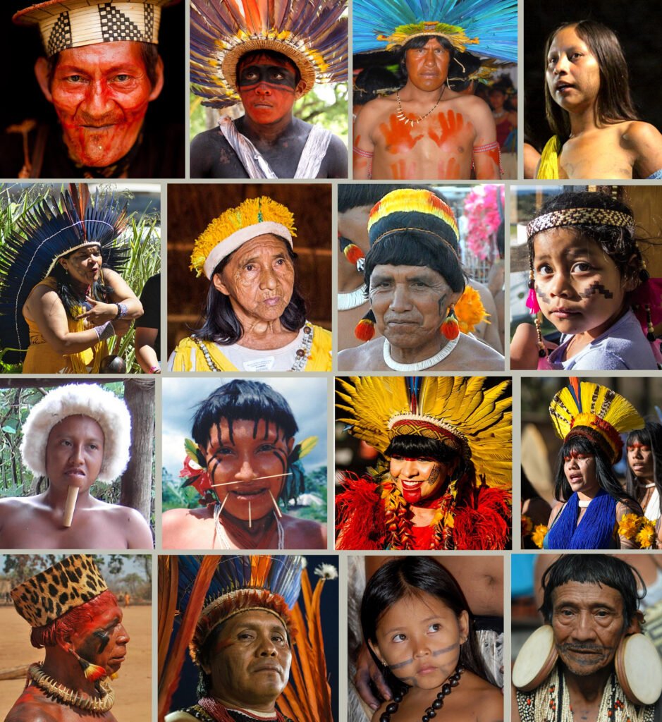Montagem com retratos de indígenas de diferentes etnias brasileiras, com pinturas corporais, cocares e adornos tradicionais.