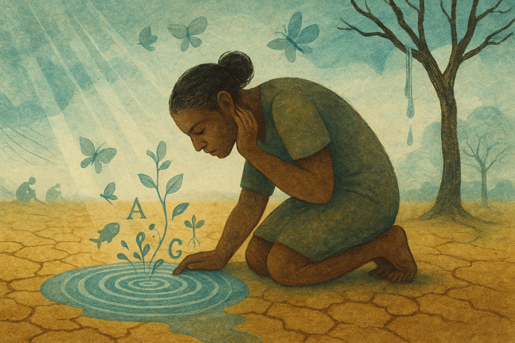 Ilustração digital de uma mulher ajoelhada tocando uma nascente que brota em solo seco, de onde surgem plantas, peixes e borboletas, simbolizando o ciclo da água e da vida