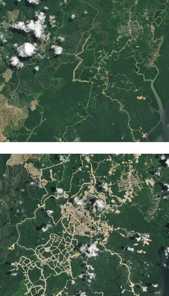 Imagens de satélite sobrepostas em formato vertical mostram a transformação da região de Nusantara, na ilha de Bornéu, de uma floresta tropical em 2022 para uma área urbanizada em 2024