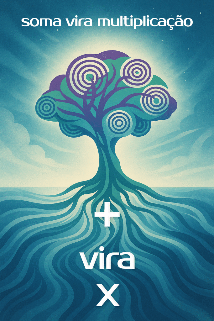 Ilustração digital de uma árvore com raízes que se estendem como ondas sobre a água, simbolizando a soma que vira multiplicação e o diálogo entre escuta e ação